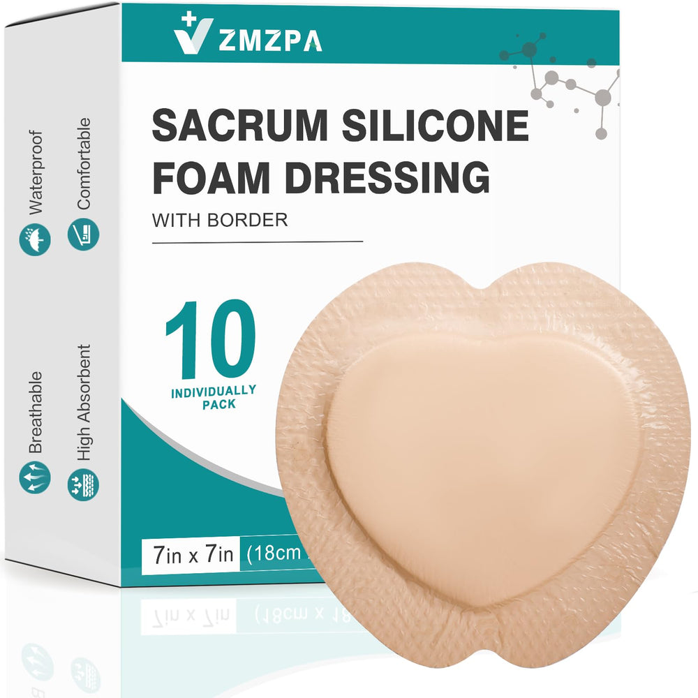 ZMZPA sacral foam dressing border packaging shows 7x7 size for wound care planning.