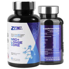 ZNC 10-in-1 NAD supplement bottle shows the product and packaging for daily energy support