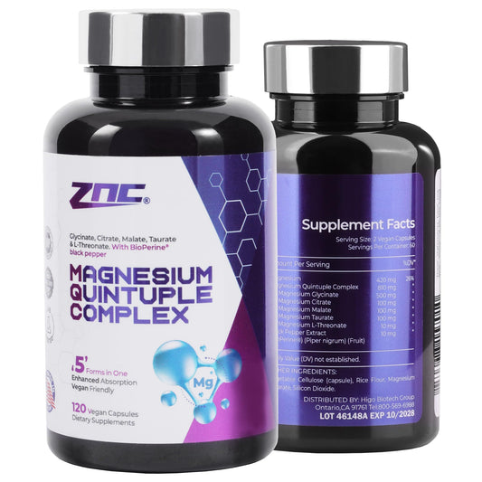 ZNC Magnesium Complex bottle label highlights vegan, non-GMO minerals for daily support.