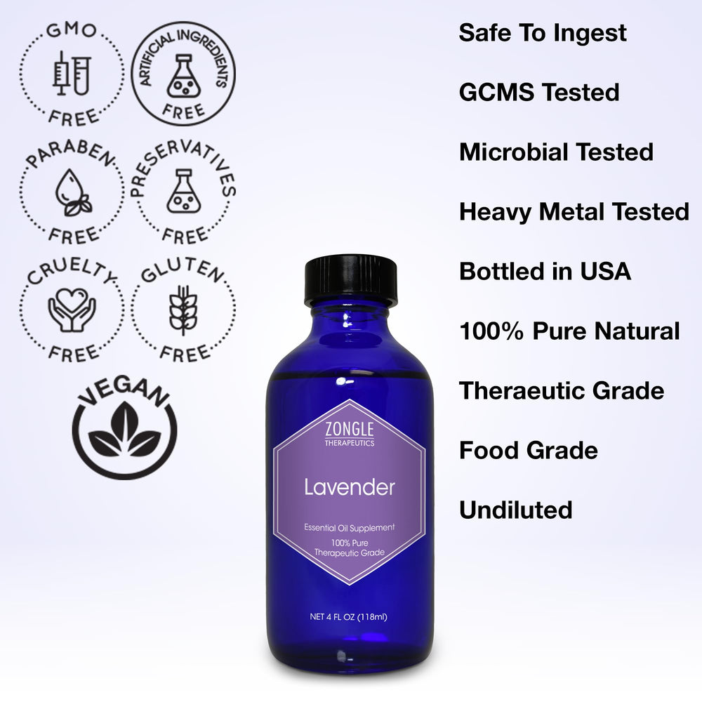 Zongle Therapeutics lavender oil label close-up showing purity seals.