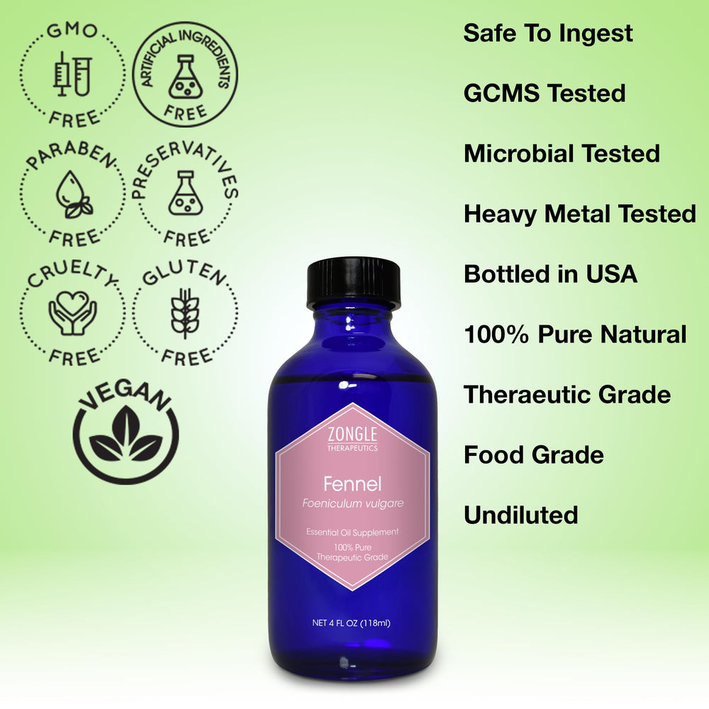 Zongle Therapeutics fennel oil label close-up showing purity.