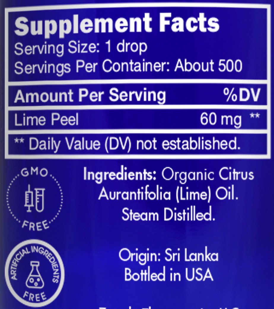 Zongle Therapeutics lime oil in a dish-ready bottle for cooking and beverages.