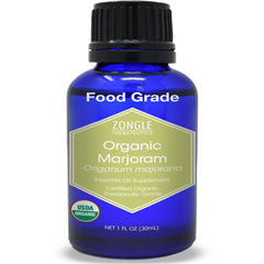 Zongle Therapeutics Organic Sweet Marjoram oil 1oz bottle front view for culinary and aromatherapy