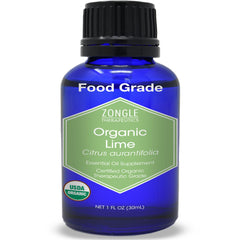 Zongle Therapeutics Organic Lime Oil bottle showing pure, food-grade citrus for cooking and flavor.
