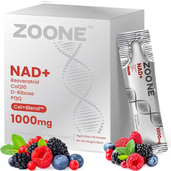 Zoone NAD+ liquid bottle showing 1000 mg formula for daily vitality.