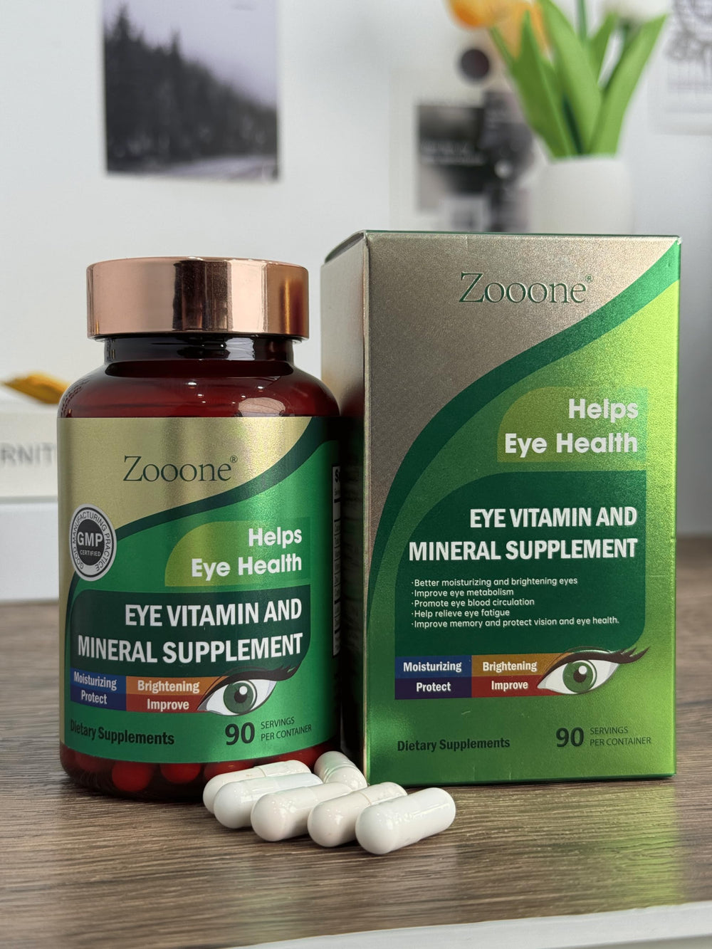 Zooone bottle on a desk ready for daily eye care routine.