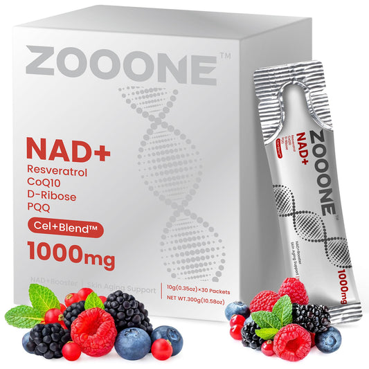 Zooone NAD+ liquid bottle closeup showing premium packaging for daily energy support