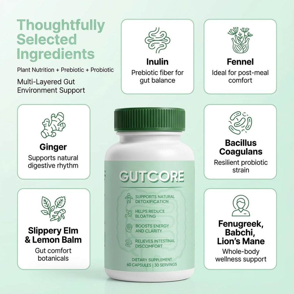 ZRRTXV GutCore ingredients blend featuring inulin, fennel, and ginger for digestion support.