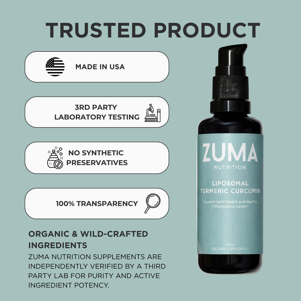 Zuma Nutrition liposomal turmeric drops label shows clean ingredients
