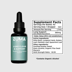 Zuma Nutrition Lung Support Tonic bottle back label reveals vegan, non-GMO formulation and usage notes