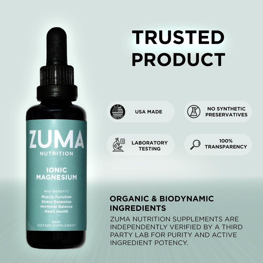 Recyclable glass bottle of Zuma Nutrition tonic supports sustainable daily routines.