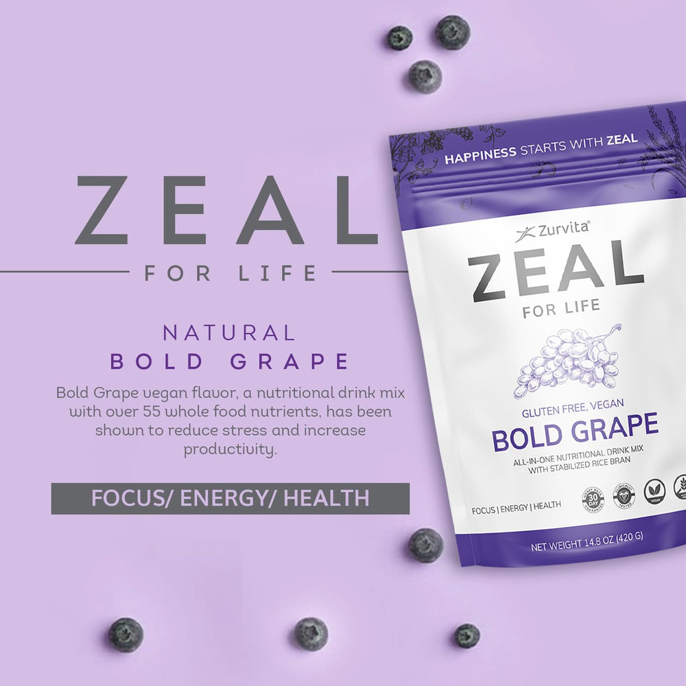 Zurvita Zeal for Life grape flavor powder beside a prepared drink