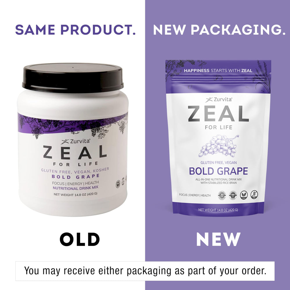 Zurvita Zeal for Life grape powder scoop beside a glass of water for sustained energy
