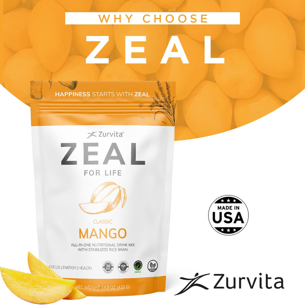 Zurvita Zeal for Life Mango glass with fruit, daily wellness.