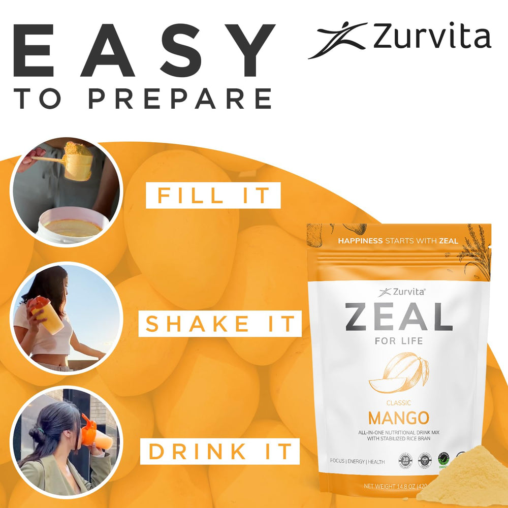 Zurvita Zeal for Life Mango nutrition facts panel close-up.