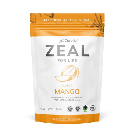 Zurvita Zeal for Life Mango powder tub for convenient daily nutrition.