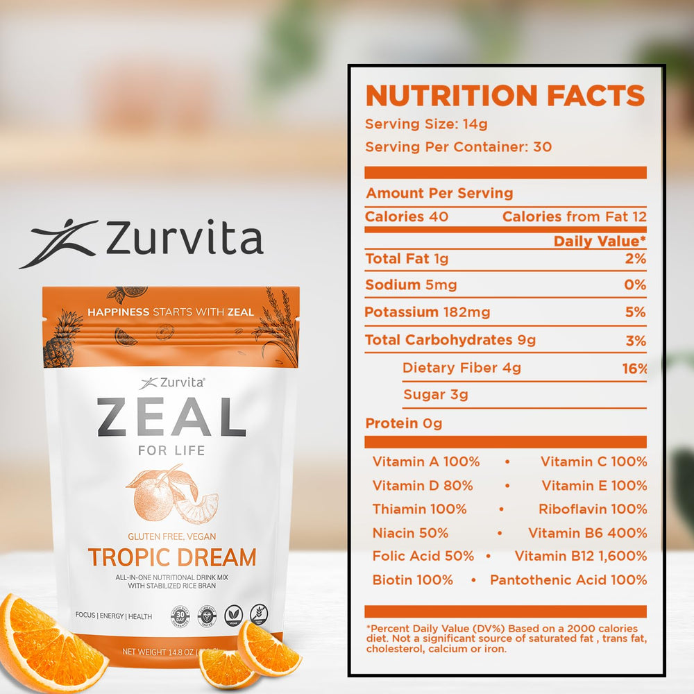 Scoop of Zeal powder in a cup shows convenient daily boost.