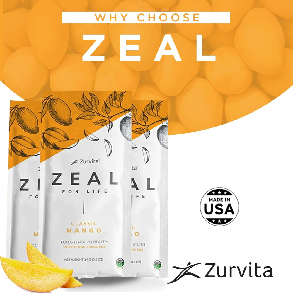 Zurvita Zeal for Life mango drink box shows gluten-free vegan formula.