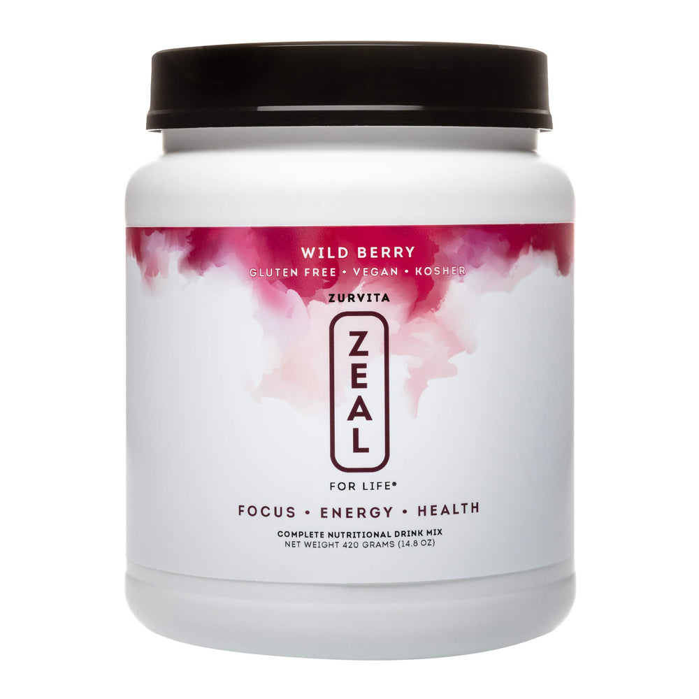 Zurvita Zeal for Life Wild Berry powder with alfalfa leaf accent suggesting circulation support.