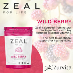 Scoop of Zurvita Zeal for Life Wild Berry powder beside a glass for daily energy.