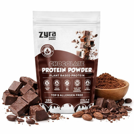 Zyra Pea Protein Powder Chocolate tub with label, premium vegan protein for muscle support