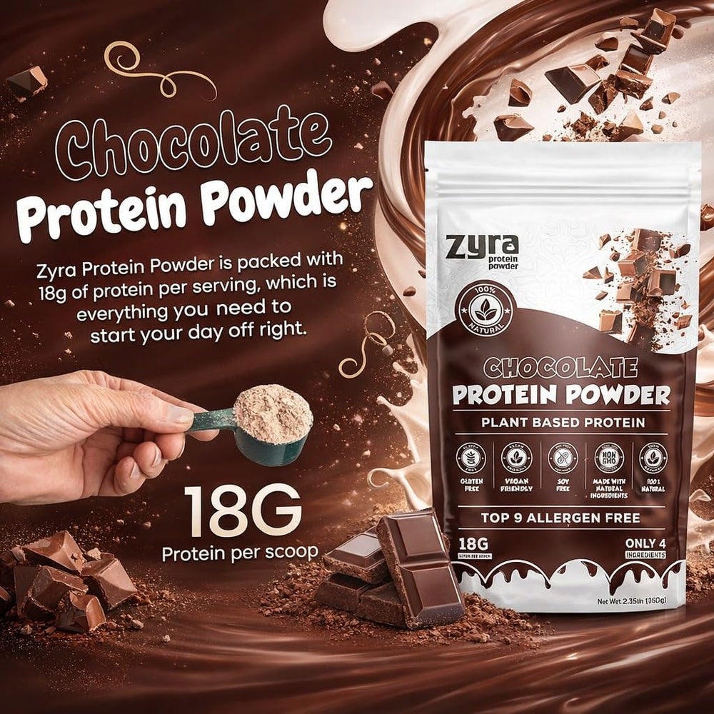 Zyra Pea Protein Powder Chocolate vegan label close-up emphasizes clean, allergen-free nutrition