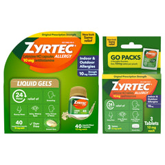 Zyrtec 24 Hour Allergy Relief liquid gel bottle ready for all-day relief.