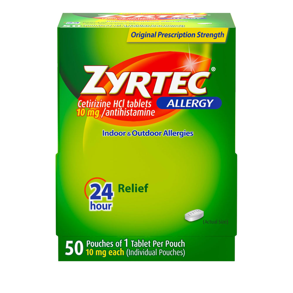 Zyrtec 24-hour tablets in a dispensit pack for daily relief.
