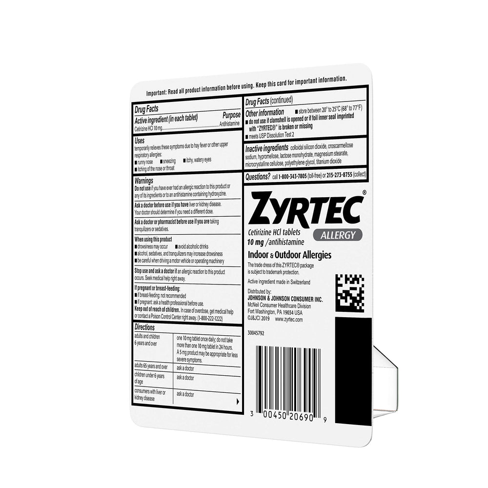 Zyrtec daily-use tablets with 10 mg potency labeled