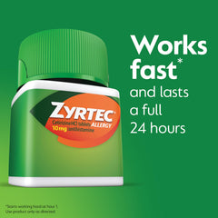 Closeup of Zyrtec 24Hour tablets emphasizing 10 mg cetirizine potency.