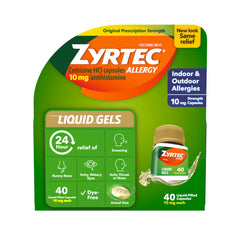 Zyrtec 24 Hour Allergy Liquid Gels bottle relieves indoor and outdoor symptoms for 24 hours.