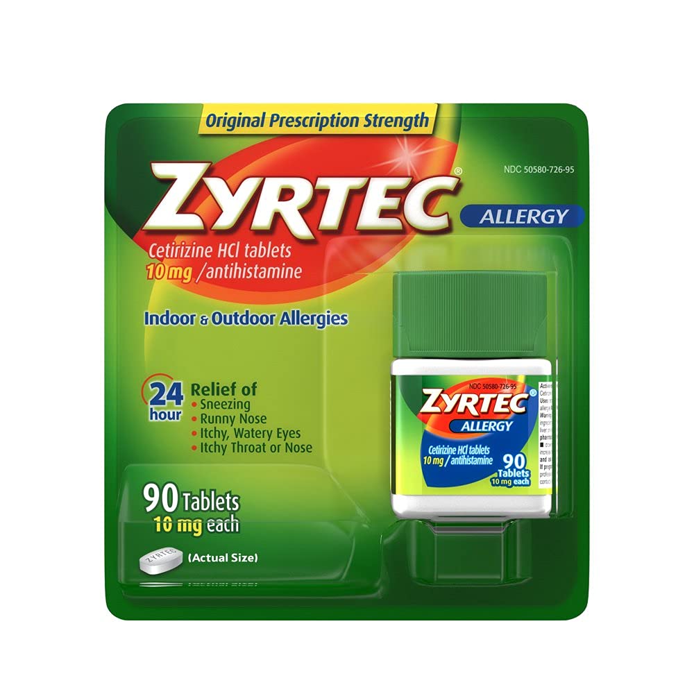 Zyrtec Allergy Relief 90 tablets bottle for daily allergy symptom management