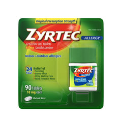 Zyrtec Allergy Relief 90 tablets bottle for daily allergy symptom management