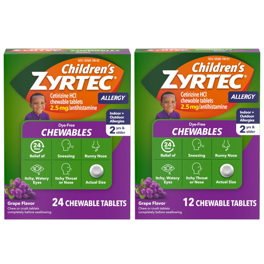 Zyrtec Children's grape chewables offer 24-hour allergy support for kids.