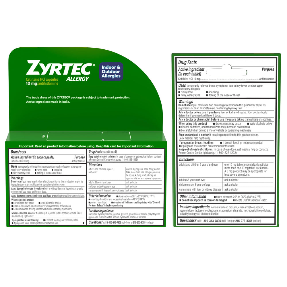 Zyrtec label emphasizes dosing directions for safe use.