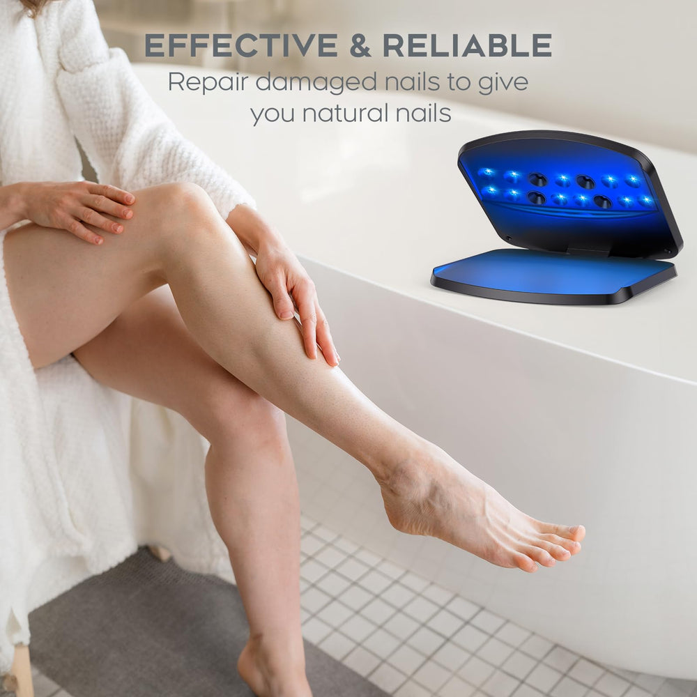 ZZP Nail Fungus Light Device usage at home scene illustrates simple two-step operation.