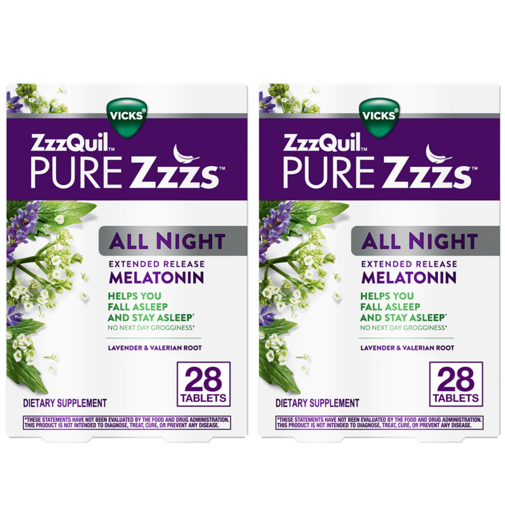 ZzzQuil Pure Zzzs All Night bottle promotes restful sleep with packaging visible
