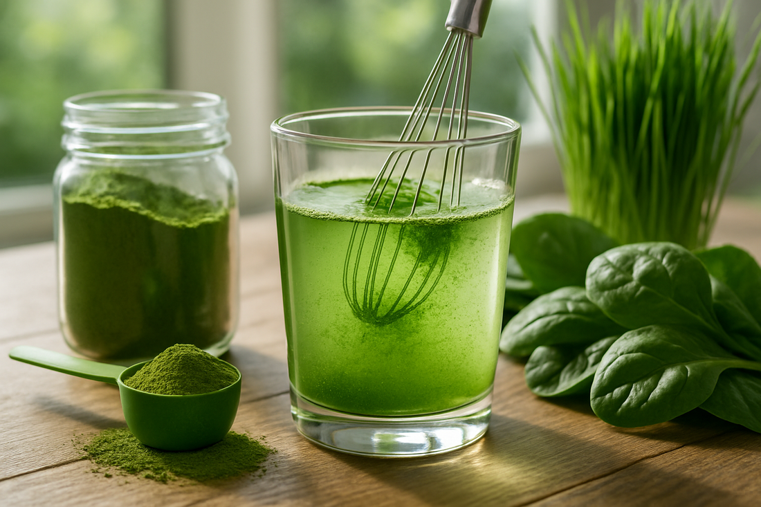 Green powder being whisked into a glass of water with fresh greens around