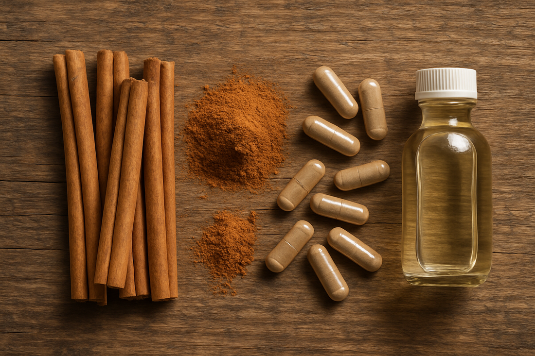 Ceylon cinnamon sticks and capsules beside MCT oil on rustic wood