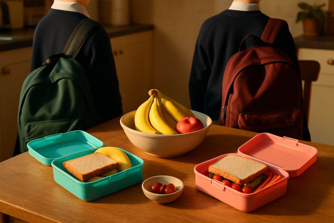 UK kitchen table with lunchboxes, fruit and children's gummy vitamins on a school morning
