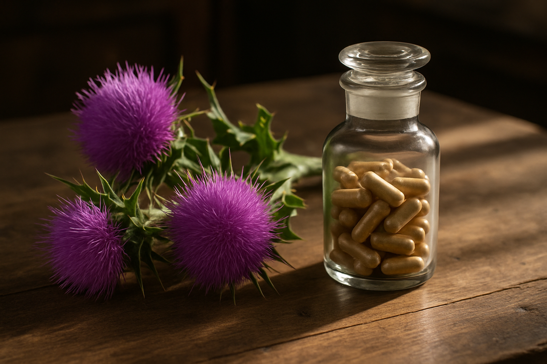 Purple milk thistle flowers beside a bottle of capsules in morning light