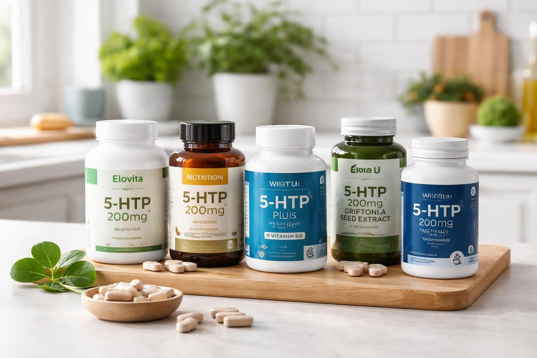 Selection of 5-HTP supplement bottles and capsules UK
