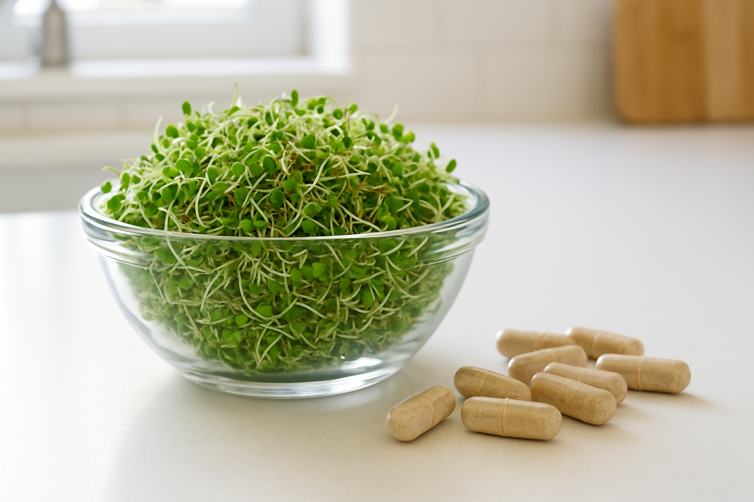 Fresh broccoli sprouts in a glass bowl beside capsules