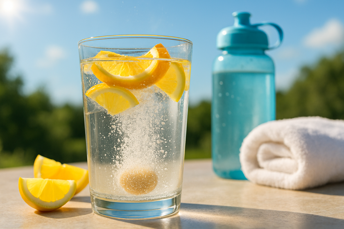 Effervescent tablet fizzing in water with citrus on a hot day