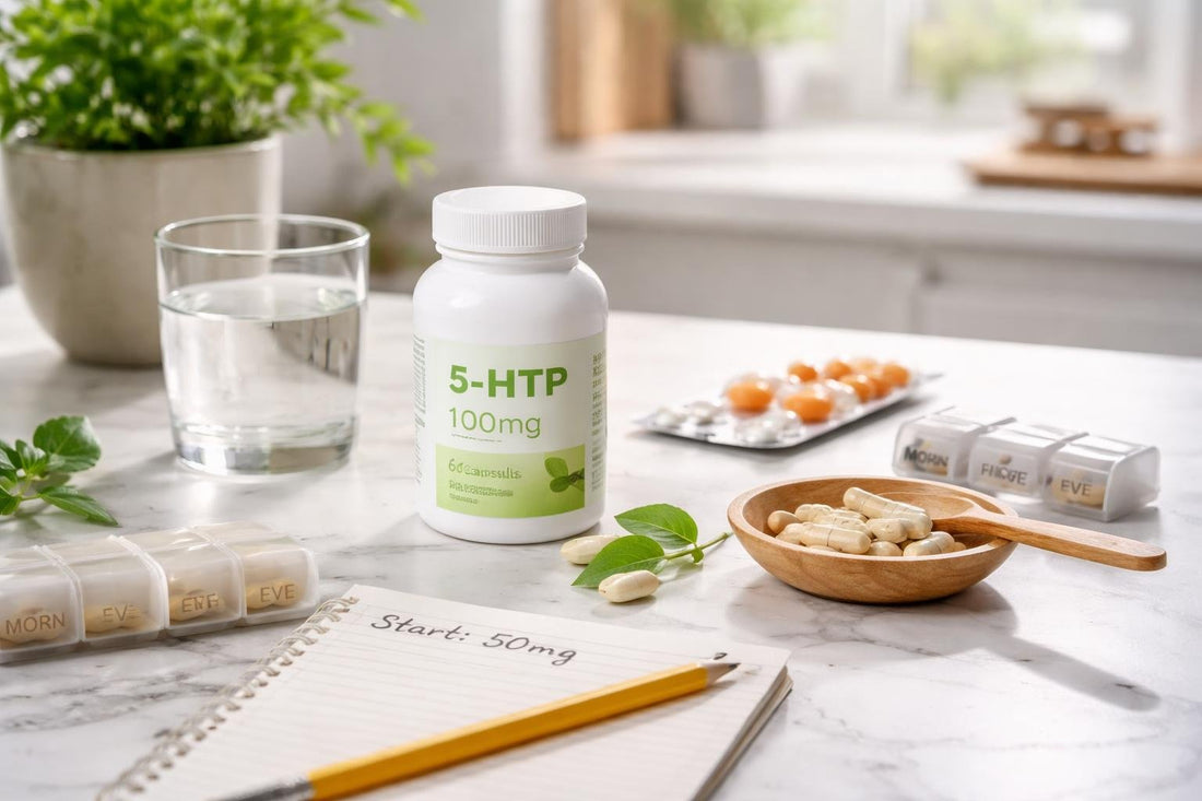 5-HTP supplement capsules with dosage notes for beginners