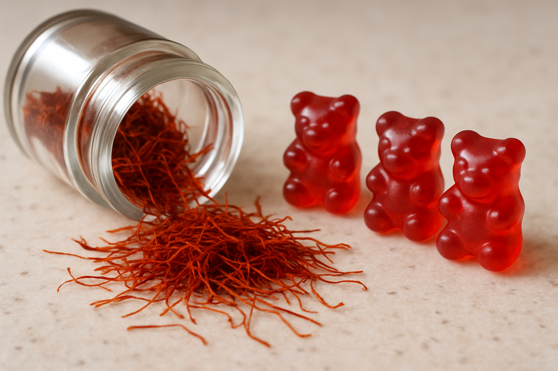 Saffron threads spilling from a jar beside red gummies on a kitchen counter
