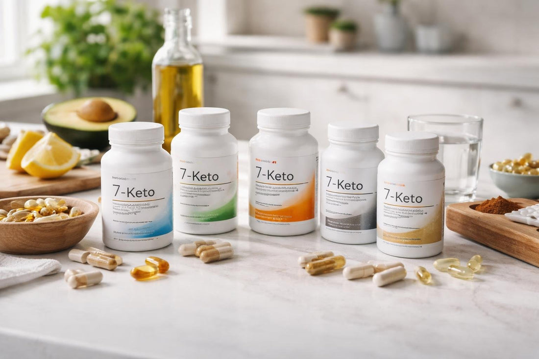 Selection of 7 keto supplements and capsules on table