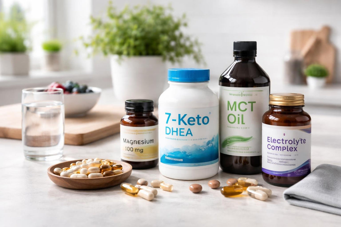 Assorted 7 Keto supplements, bottles and capsules