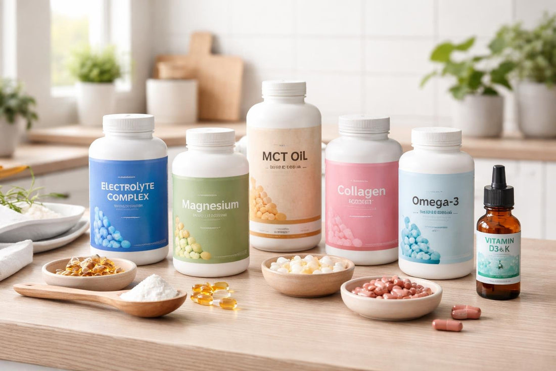 7 Keto supplements bottles and measuring spoons on table