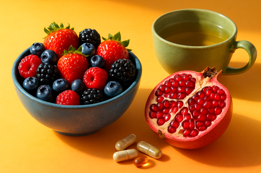 Colorful bowl of berries, pomegranate and green tea beside capsules